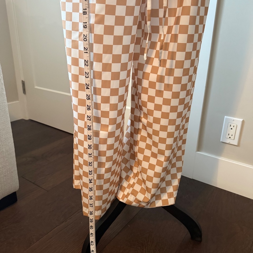 Wide Leg Checkered Pants XL Tan White Pull-On Elastic Waist Lounge Pants - Picture 4 of 7